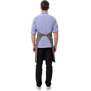 Back detail view of men's cotton linen cross-back apron in dark grey for kitchen and garden.