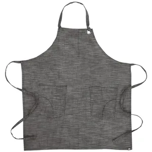 Dark grey cotton linen apron with pockets and neck strap for daily kitchen cooking baking tasks.