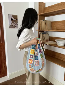 Women colorful crochet tote bag large capacity vintage shoulder bag casual beach handbag