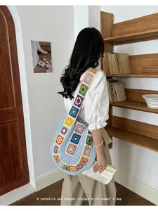 Women vintage crochet tote bag casual colorful granny square shoulder bag summer beach bag