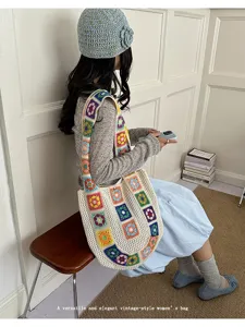 Crochet granny square tote bag, large capacity woven shoulder bag for women daily use.