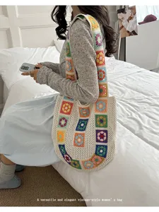 Handmade crochet tote bag, vintage granny square shoulder bag for women summer beach travel.