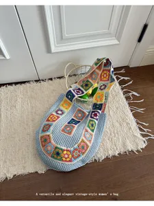 Casual crochet tote bag for women, vintage handmade floral patchwork shoulder bag spring summer.