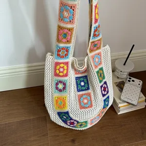 Women's Casual Knit Fabric Woven Tote Bag Crochet Hollow Out Floral Patchwork Large Shoulder Beach Bag Everyday Holiday Handbag