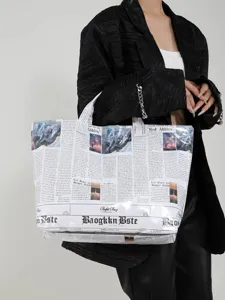 Grote krant print shopper tas, mode casual handtas voor dames, trendy stijl groot formaat.