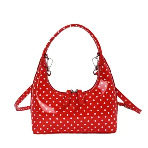 Red white polka dot shoulder crossbody bag Korean style women patent leather handbag.