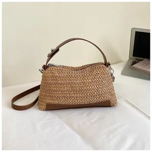 Bolso de hombro de paja de verano informal con ribete de PU, ideal para la playa.