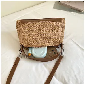 Bolso de hombro de paja para playa de verano con cuero PU, bolso tejido grande para vacaciones.
