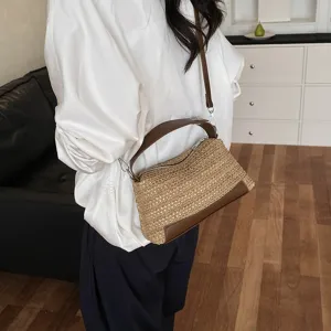 Bolso de hombro de paja de verano con ribete de cuero marrón elegante bolso de playa para mujer