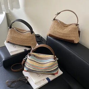 Bolso de hombro de paja tejida de verano bolso de playa casual con asa de cuero mujer