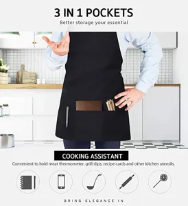Vista dettagliata del grembiule da cucina nero multitasche con pratici scomparti utili.