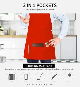 Grembiule da cucina rosso in polyester con 3 tasche, abbigliamento da lavoro per cottura.