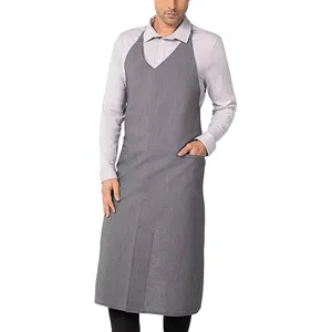 Grey work apron for kitchen restaurant cafe, halter neck design with front pocket and split.