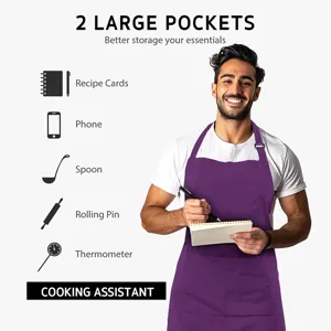 Purple kitchen cooking apron with two large pockets, durable fabric for baking and BBQ.