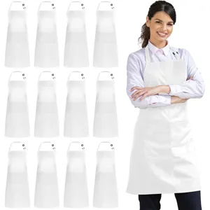 White kitchen work apron with pocket, adjustable neck strap for restaurant, café and BBQ use.
