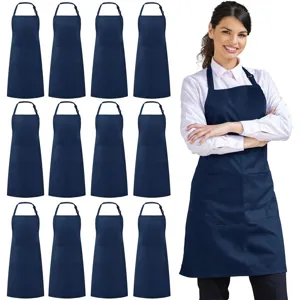 Dark blue polyester kitchen apron with front pockets and adjustable neck strap for cooking.