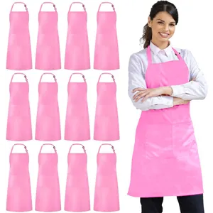 Pink kitchen aprons bulk pack of 12 with pockets and adjustable neck straps for cooking.