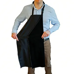 Waterproof black kitchen apron with front pocket and adjustable strap, detail view for work.