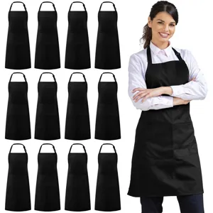 Black polyester kitchen work aprons 12pcs pack with pockets and adjustable neck strap.