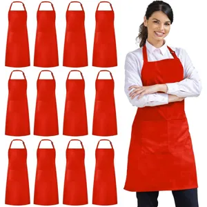 Red kitchen apron with front pocket, adjustable neck strap, ideal for cooking, baking and gardening work.