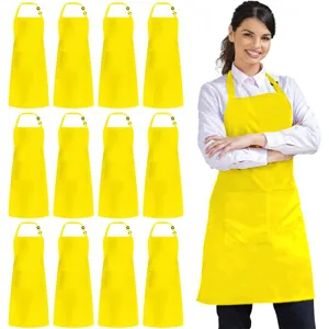Yellow kitchen work apron with front pocket and adjustable strap for cooking, baking, and BBQ.