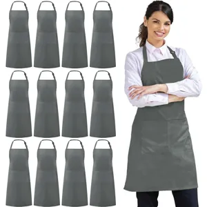 Grey kitchen apron with front pocket adjustable neck strap for cooking grilling cafe work