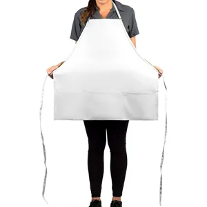 Plain white kitchen apron with three front pockets and adjustable neck strap for chef use.