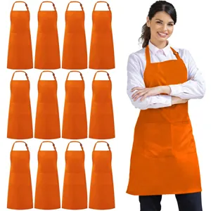 Orange kitchen work apron with front pocket and adjustable neck strap for cooking and baking.