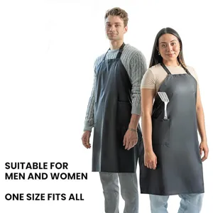 Unisex waterproof kitchen apron with front pockets, durable black material for daily cooking tasks.