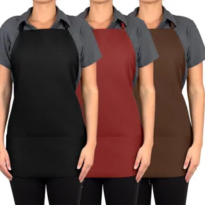 Unisex work apron with 3 pockets and adjustable strap in black, red, and brown colors.