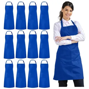 Pack of 12 blue work aprons with pockets and adjustable neck strap for kitchen use.
