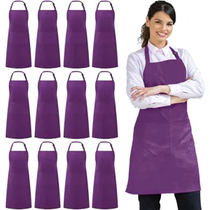 Bulk 12-pack purple kitchen aprons with pockets and adjustable neck straps for work.