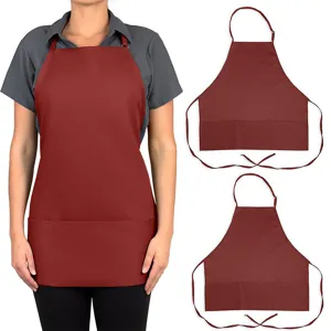 Maroon unisex adjustable apron with 3 pockets, durable kitchen workwear for cooking.