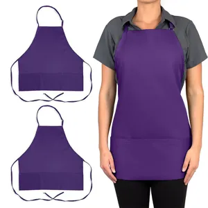 Details of the purple adjustable work apron featuring three front utility pockets for kitchen use.