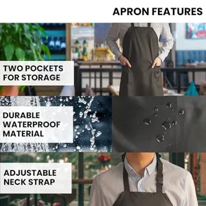 Waterproof kitchen apron with double pockets and adjustable neck strap for cooking.