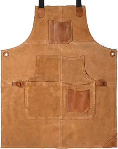 Leather work apron detail showing multi pockets and durable stitching for BBQ and kitchen.
