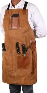 Durable brown leather work apron with multi pockets for kitchen BBQ chef cooking and workshop use.