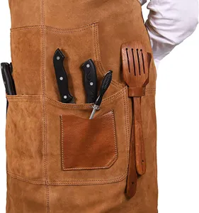 Professional leather BBQ apron with multiple utility pockets for kitchen cooking and baking.