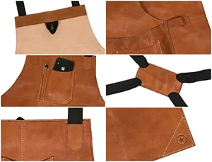 Close-up details of waterproof PU leather apron showing stitching, pockets, and adjustable straps.