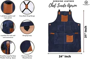 Waxed canvas chef apron detail view showing multi-pockets, cross back straps and dimensions.