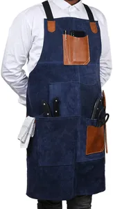 Professional denim look kitchen apron with brown PU leather pockets, multi-functional tool slots.