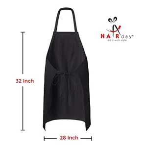 Black professional salon apron with adjustable neck strap and waist ties, 32x28 inch size.