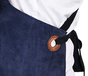 Close-up of blue suede apron side with brown leather eyelet detail and black strap.