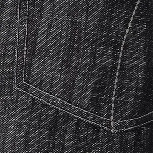 Close-up detail of dark denim apron pocket with contrast stitching, durable fabric texture.