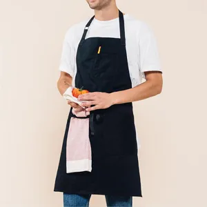 Delantal de cocina negro de lona con bolsillos para cocina panadería restaurante detalles