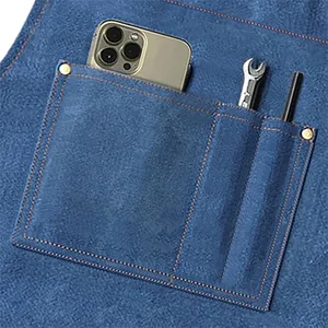 Denim apron pocket detail showcasing durable fabric, contrast stitching, and handy utility slots.