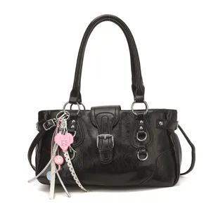Black retro women shoulder bag casual PU leather handbag with metal buckle and cute heart charm.