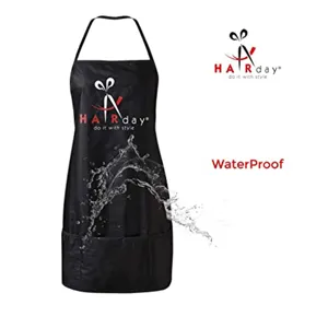 Waterproof black halter neck apron with pockets, ideal for hairdressing and kitchen work.