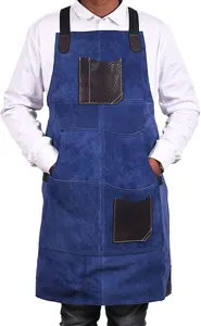 Blue microfiber leather work apron with contrast pockets for kitchen baking and BBQ use.