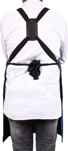 Detailed back view of the cross-back denim work apron showing adjustable straps and PU leather.